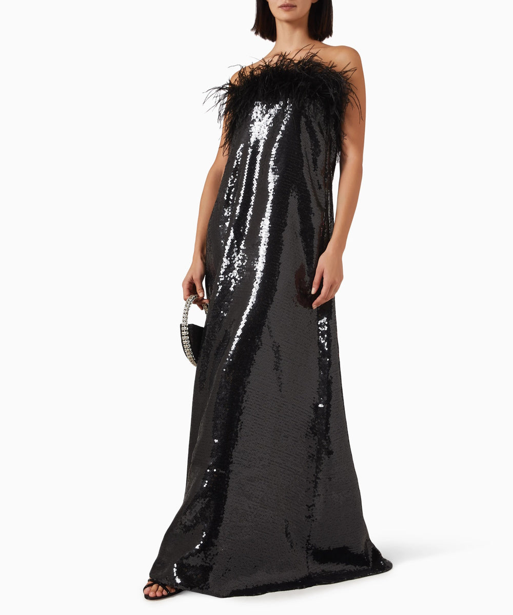 Black Strapless Sequin Maxi Gown With Ostrich Feather Trim