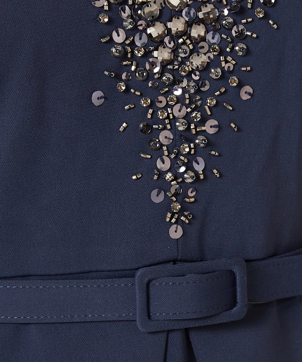 Navy Blue Long Sleeve Beaded V-Neck Midi Formal Dress With Belt