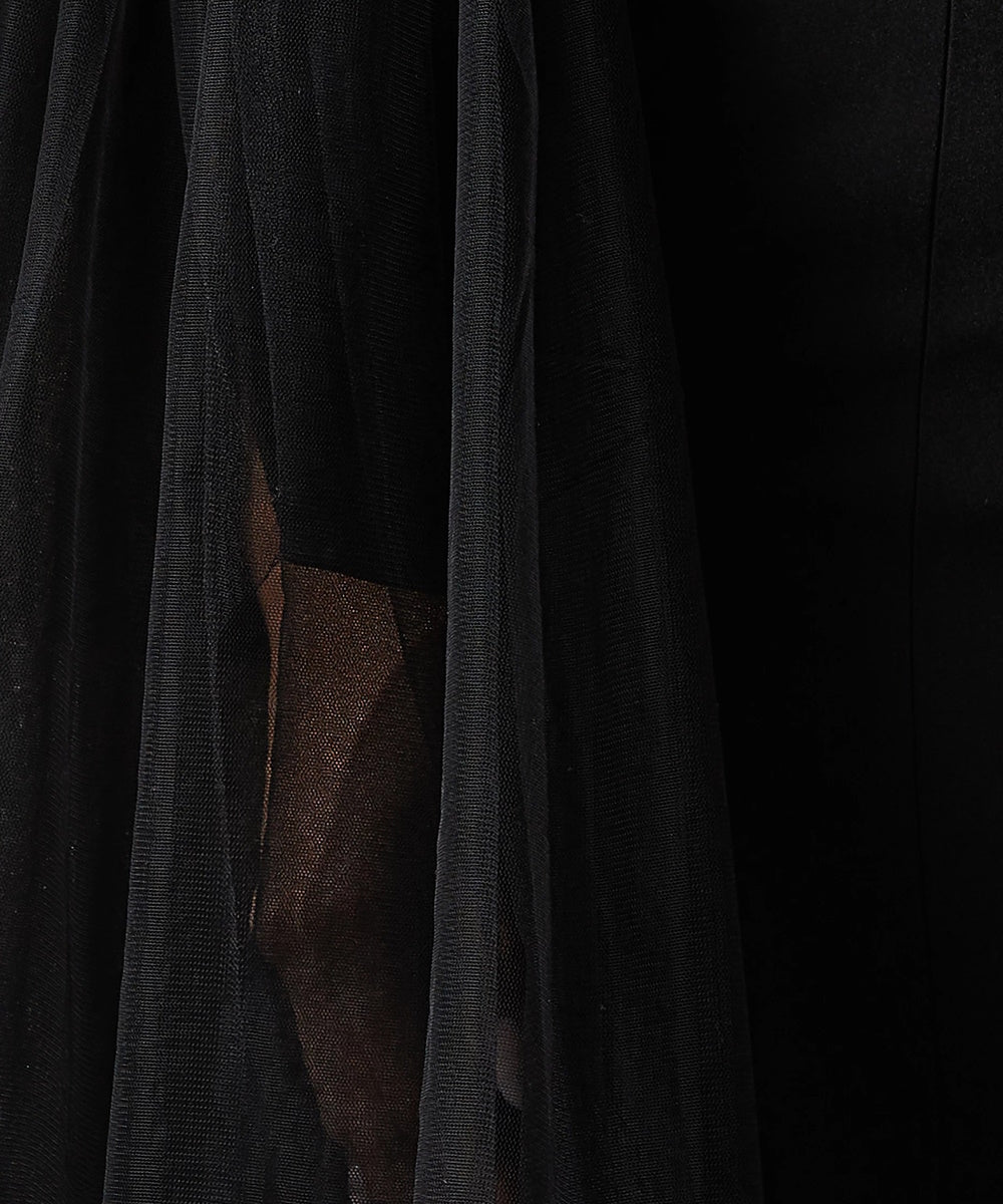 Black Off Shoulder Maxi Dress With Voluminous Tulle Bell Sleeves