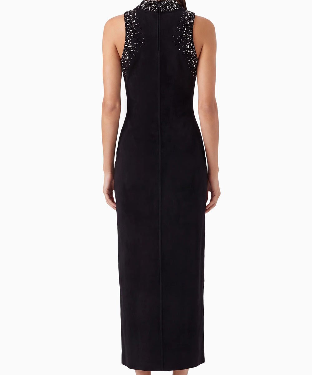 Black Sleeveless High Neck Midi Dress With Pearl & Rhinestone Embellishments