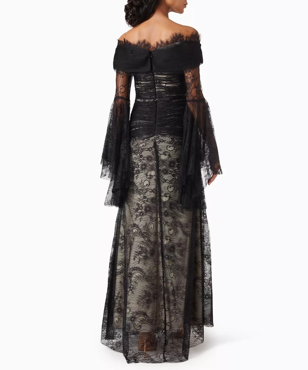 Black Off Shoulder Lace Mermaid Evening Gown With Flare Long Sleeves