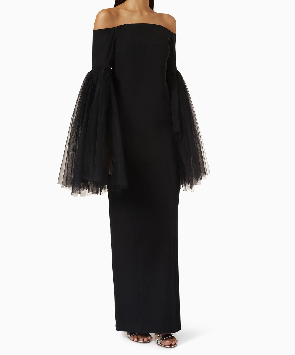 Black Off Shoulder Maxi Dress With Voluminous Tulle Bell Sleeves