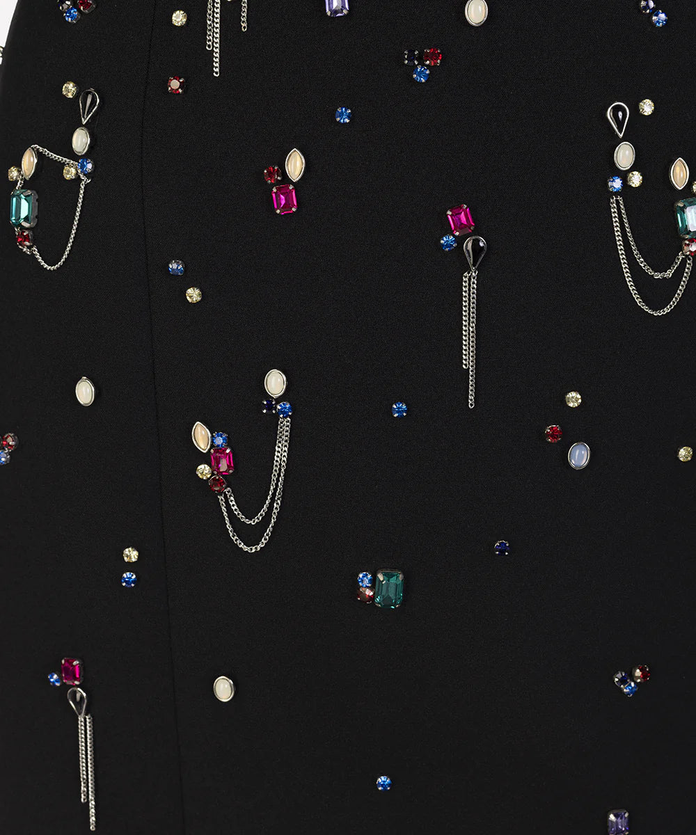 Black Off Shoulder Long Sleeve Multicolor Gem Chain Embellished Column Maxi Gown