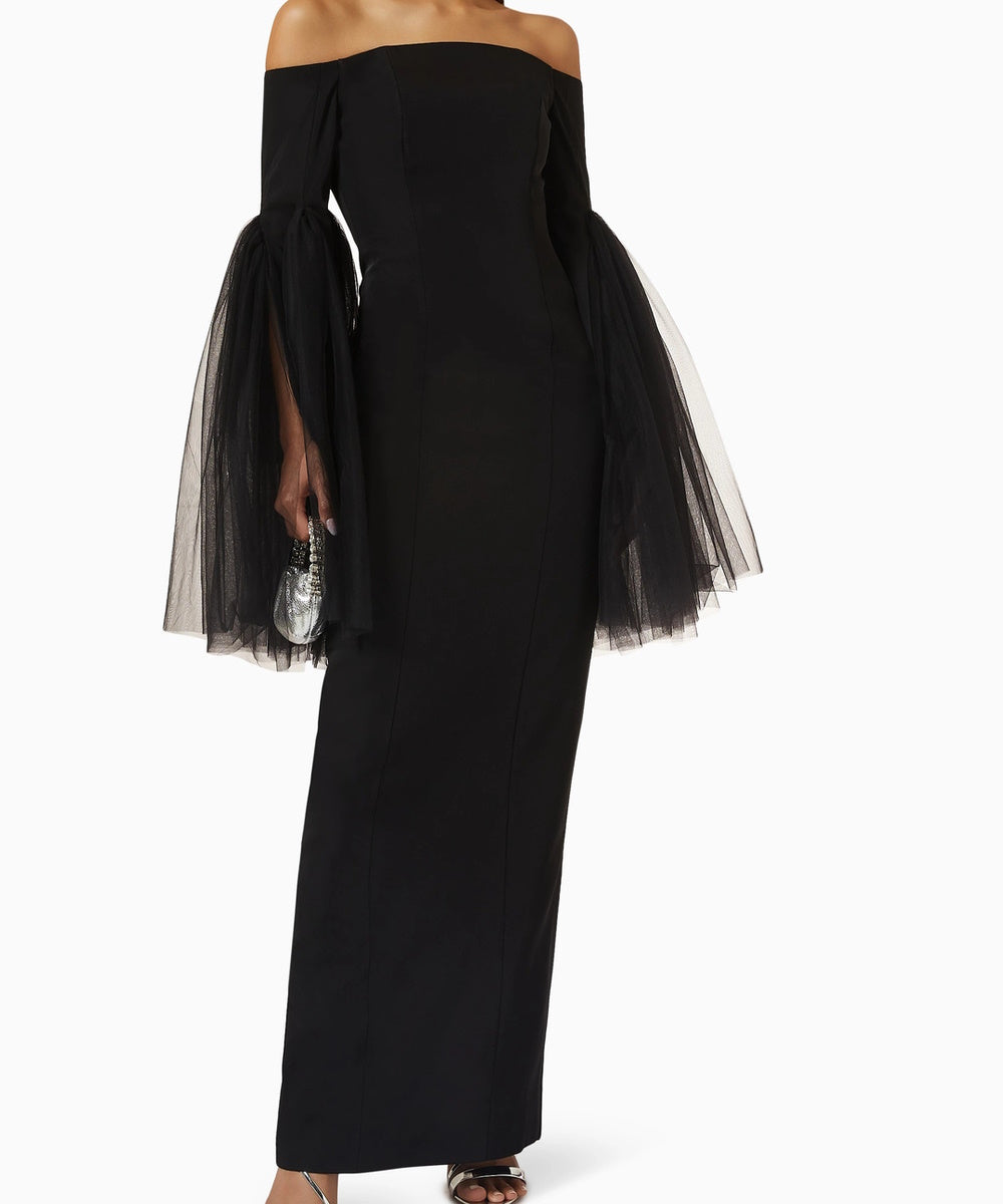 Black Off Shoulder Maxi Dress With Voluminous Tulle Bell Sleeves