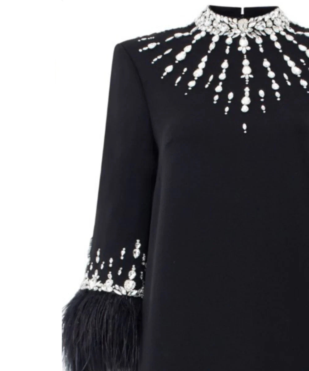 Black Crystal Feather Cuff High Neck A-Line Crepe Evening Gown