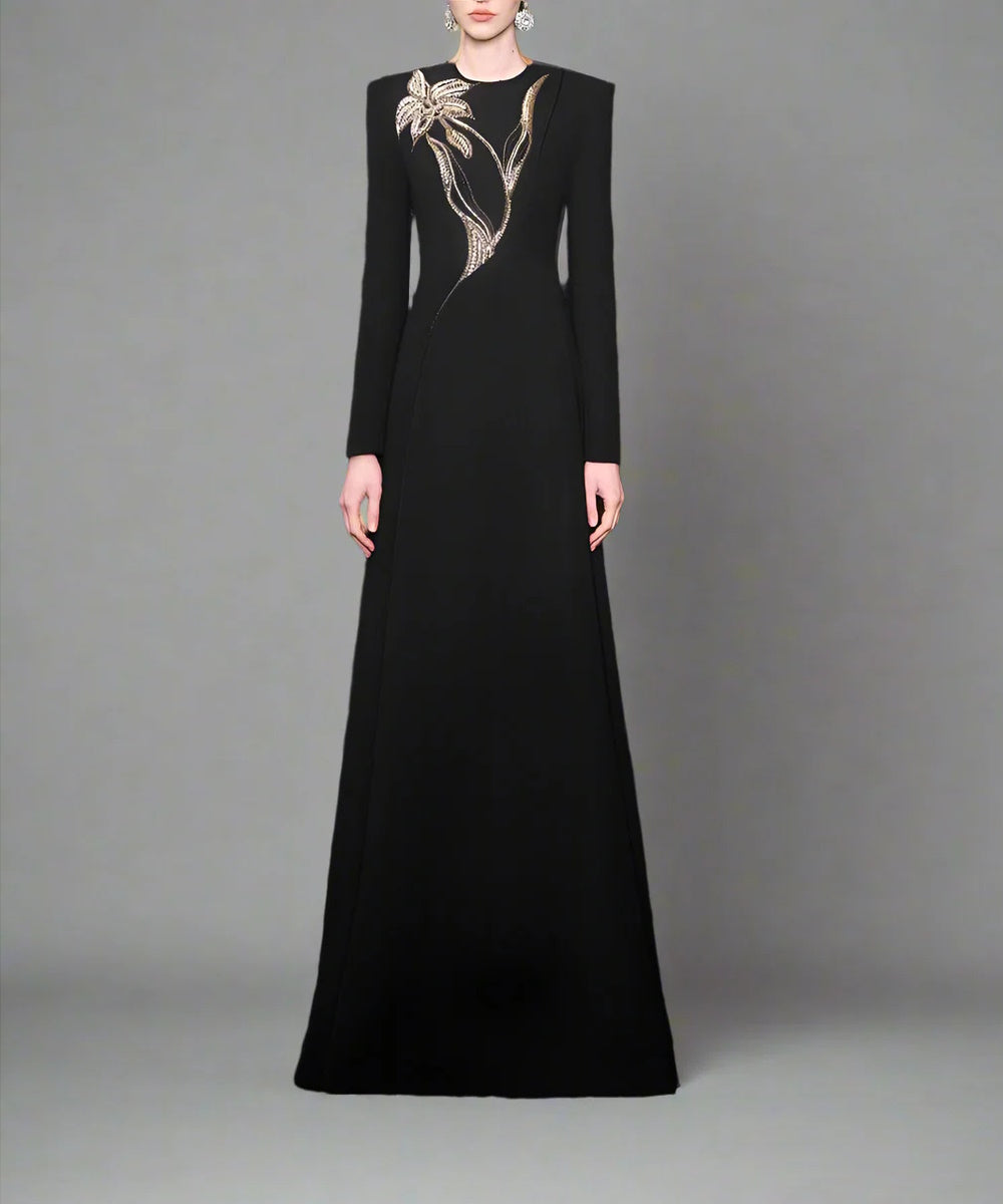 Black Long Sleeve Round Neck Gold Floral Rhinestone Embellished Column Formal Maxi Gown