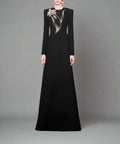 Black Long Sleeve Round Neck Gold Floral Rhinestone Embellished Column Formal Maxi Gown