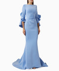 Light Blue Mermaid Evening Gown With Ruffled Flared Sleeves