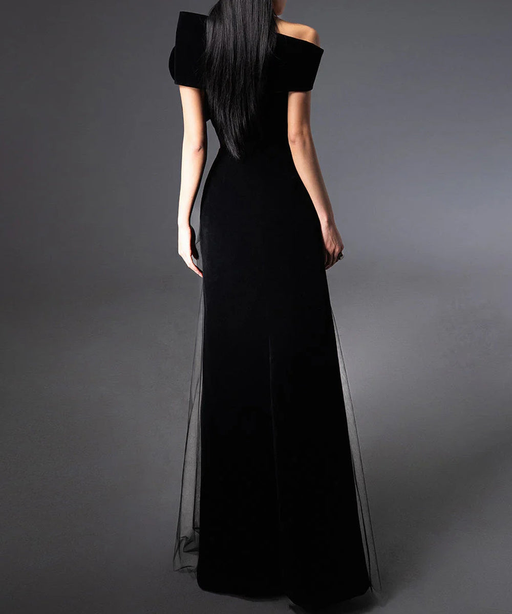 Black Off Shoulder Velvet 3D Flower Draped Pleated Tulle Maxi Evening Gown