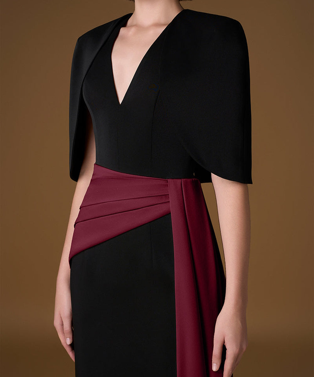 Black Cape Sleeve V-Neck Gown with Burgundy Sash Train