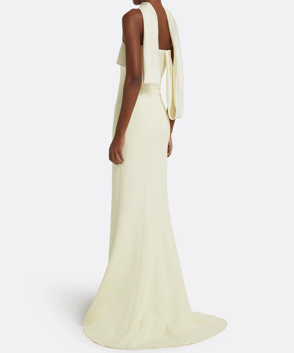 Cream Strapless Fold Bodice Neck Sash Trailing Mermaid Maxi Evening Gown