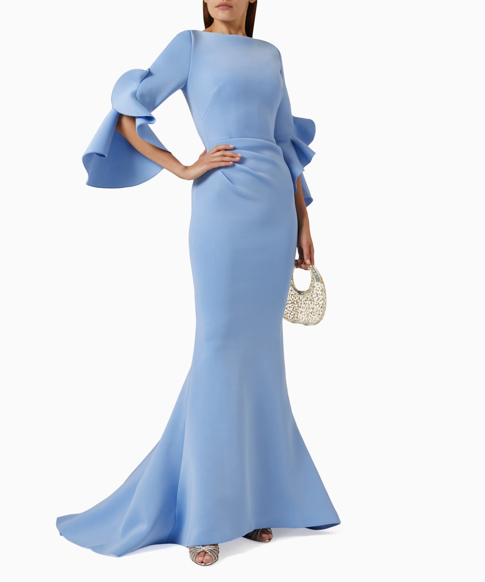 Light Blue Mermaid Evening Gown With Ruffled Flared Sleeves