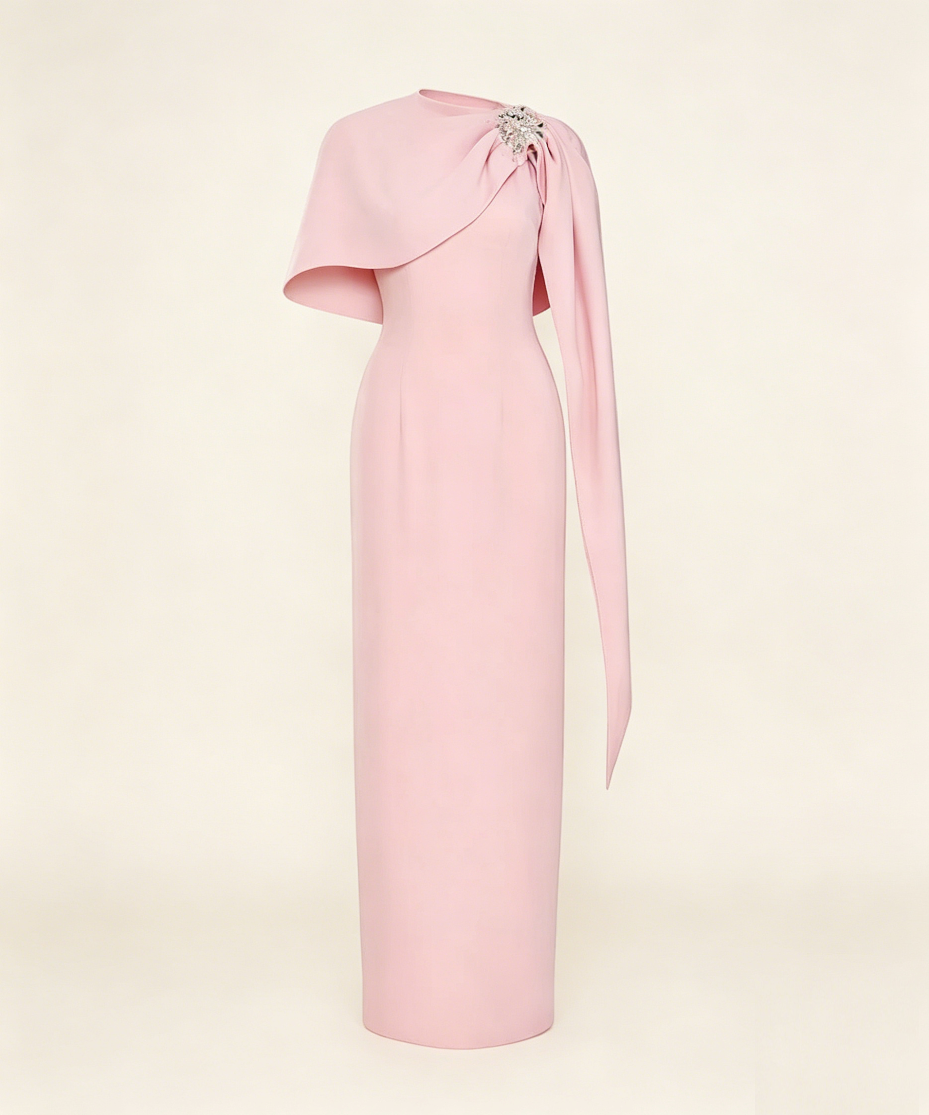 Draped Shoulder Crystal Embellished Pink Formal Maxi Dress