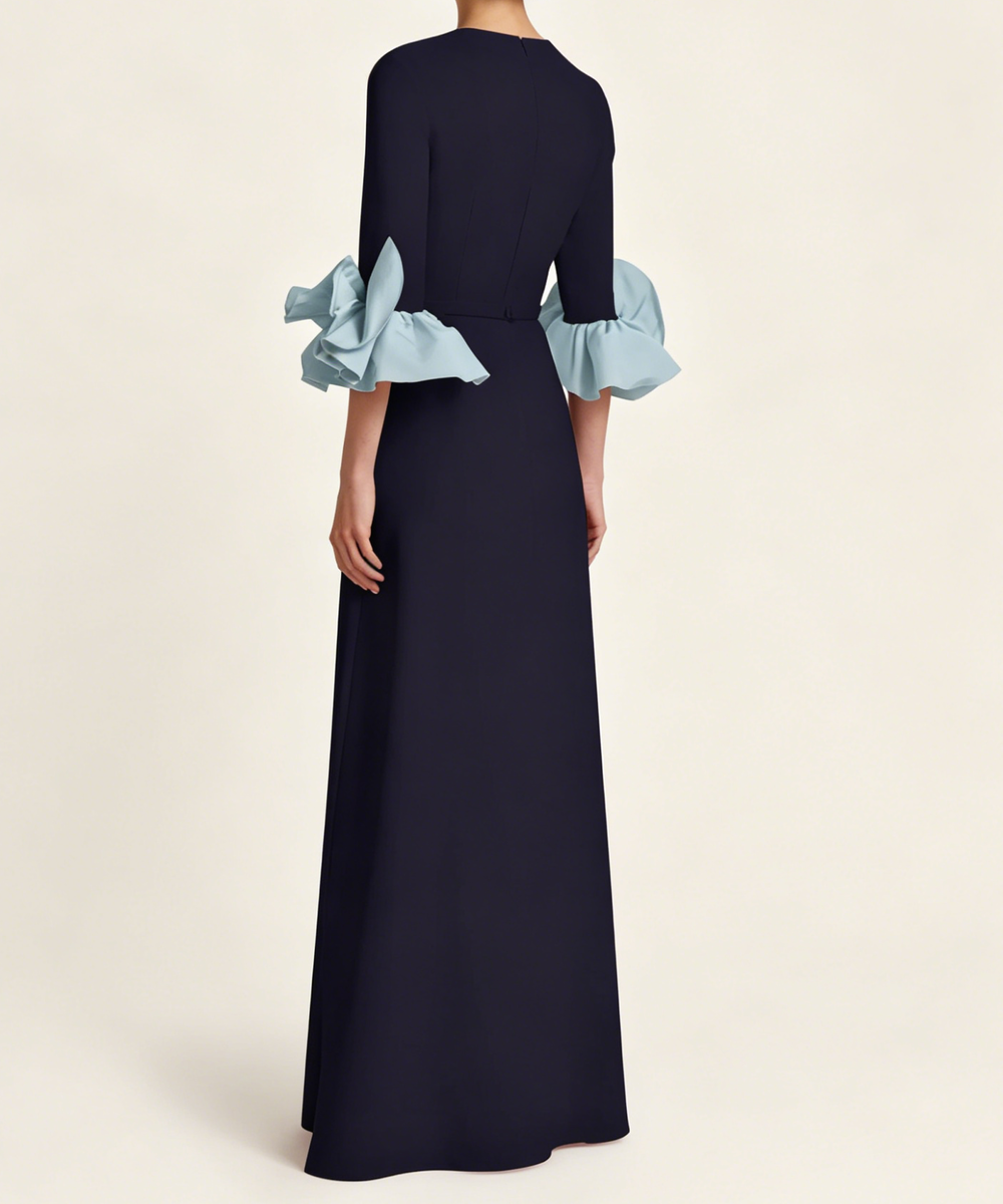 Navy Long Formal Dress With Sky Blue Contrast Cuffs