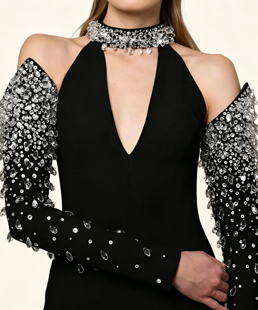 Black Off Shoulder Halter Crystal Beaded Slit Evening Maxi Dress