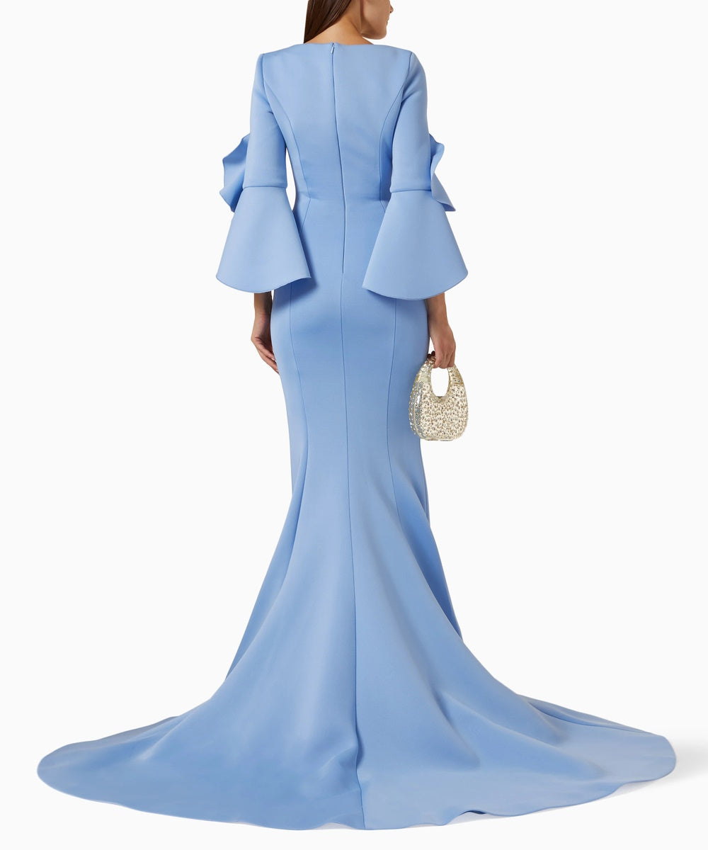 Light Blue Mermaid Evening Gown With Ruffled Flared Sleeves