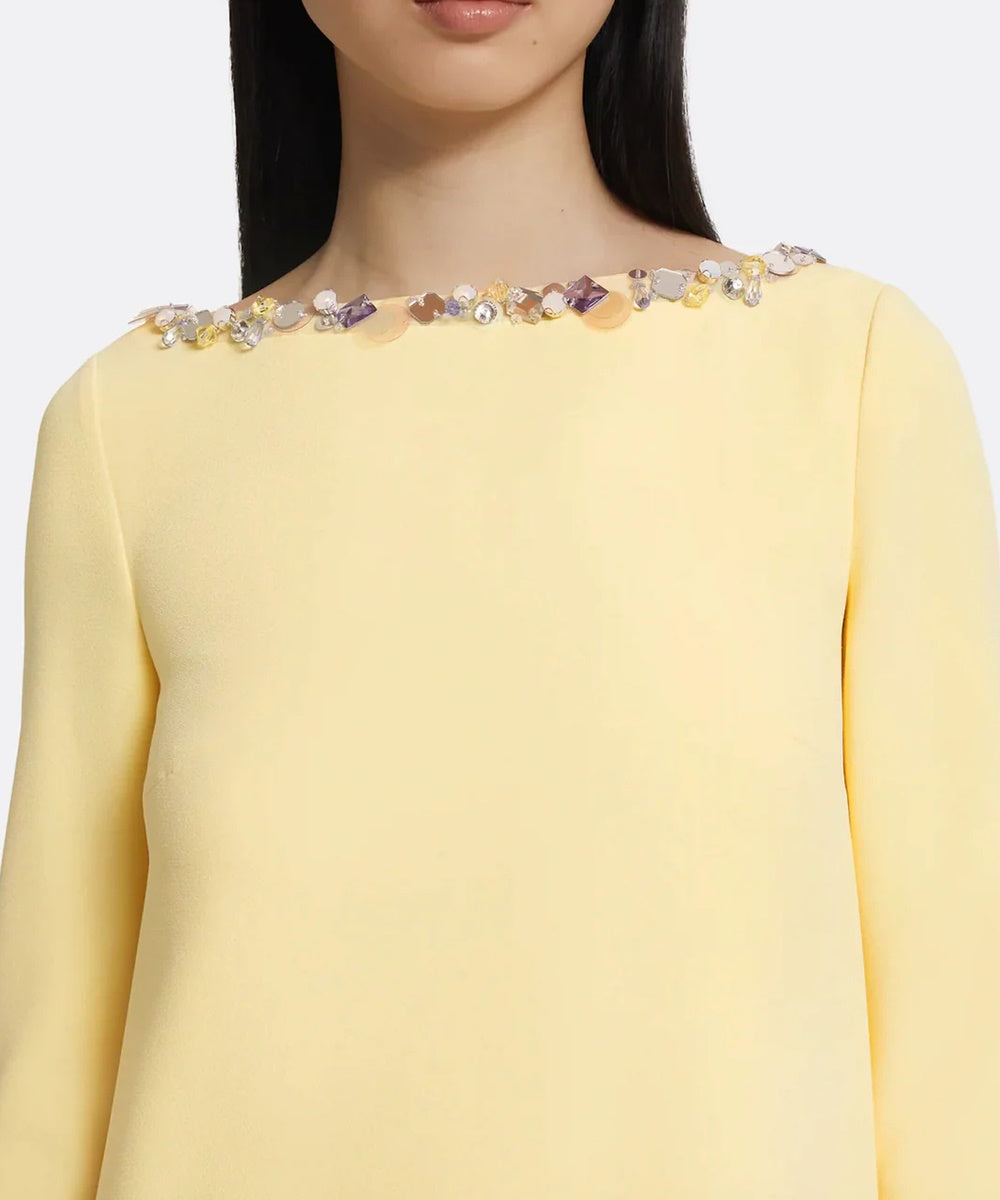 Pale Yellow Multi-Color Crystal Embellished Boat Neck Loose Straight Maxi Gown