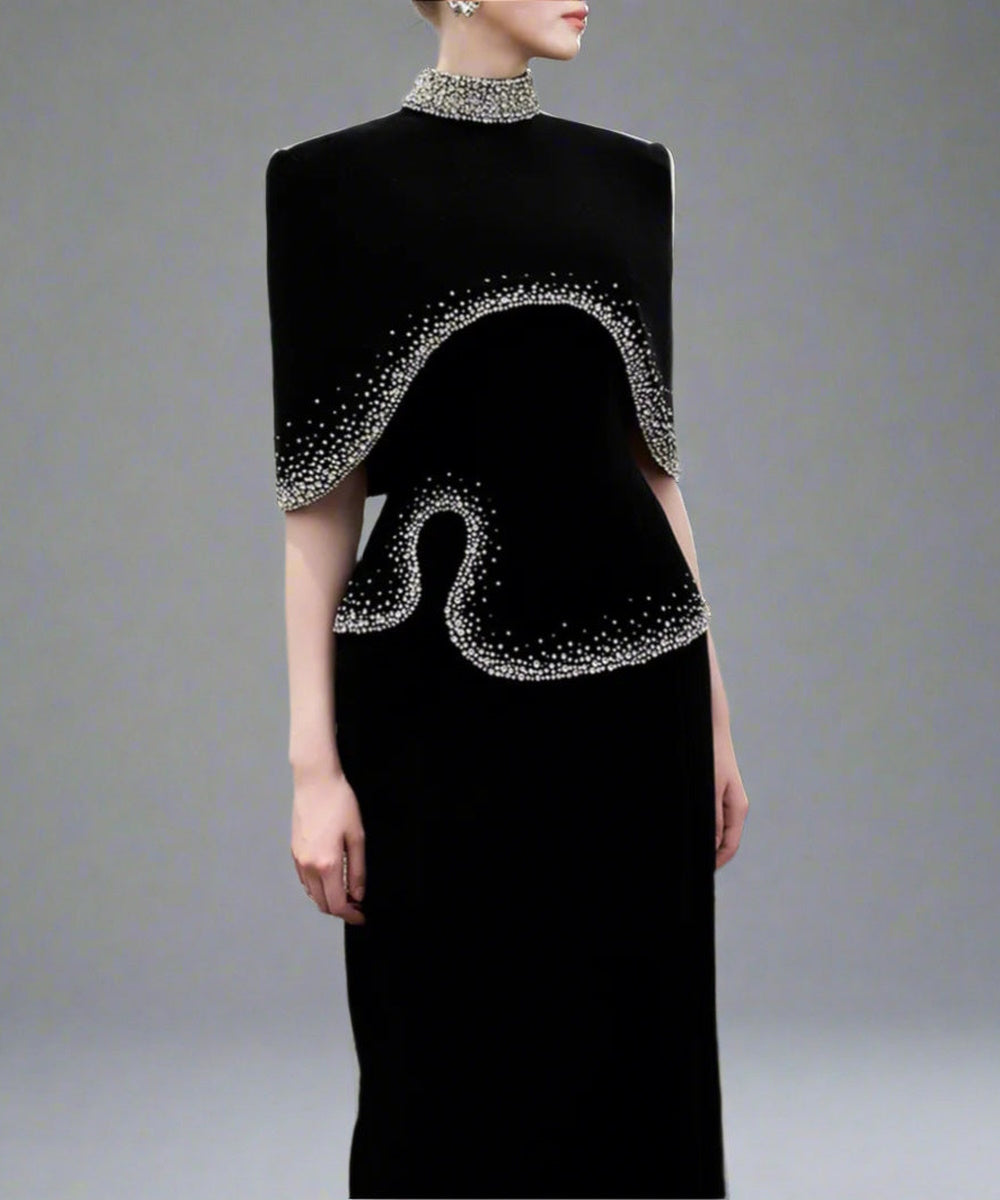 Two Styles Black Velvet Gradient Rhinestone Column Evening Gown