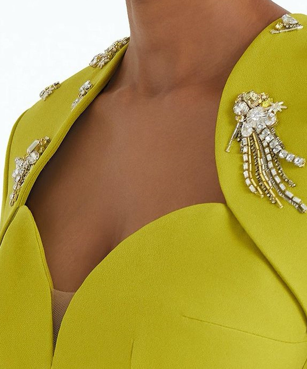Chartreuse Sweetheart Long Sleeve Crystal Tassel Epaulet High Slit Column Maxi Gown