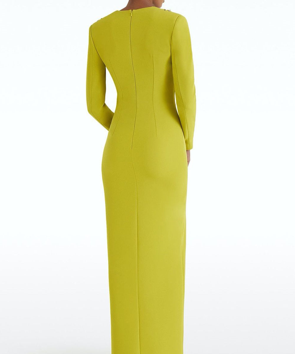 Chartreuse Sweetheart Long Sleeve Crystal Tassel Epaulet High Slit Column Maxi Gown
