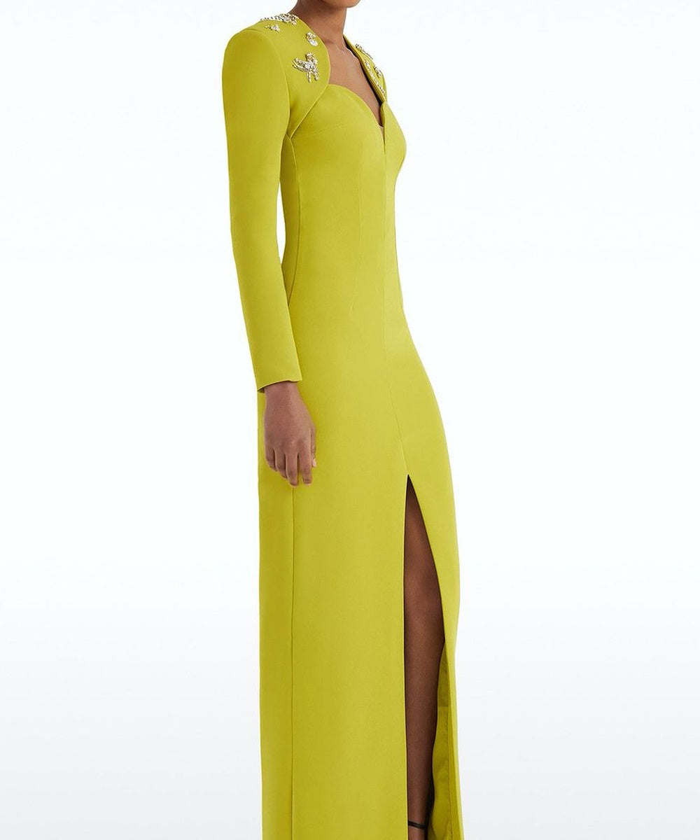 Chartreuse Sweetheart Long Sleeve Crystal Tassel Epaulet High Slit Column Maxi Gown