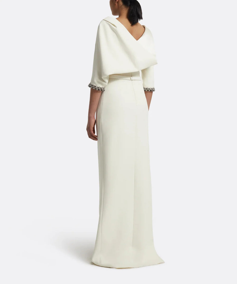 Ivory Boat Neck Draped Back Crystal Cuff Column Gown With Side Slit