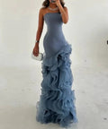 Dusty Blue Strapless Layered Ruffle Organza Mermaid Maxi Evening Gown