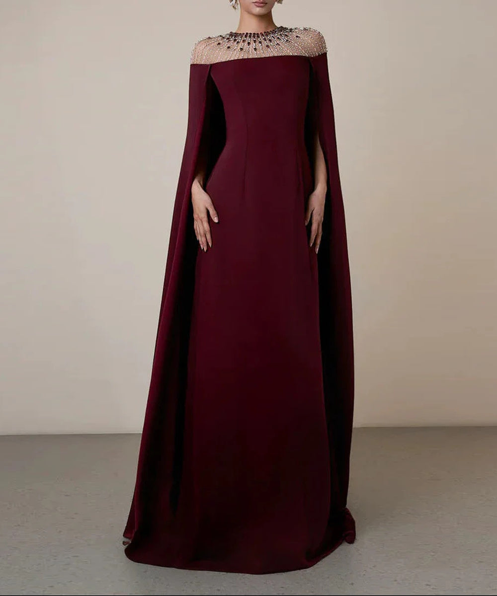 Mesh Beaded Illusion Neck Floor Length Crepe Formal Maxi Dress