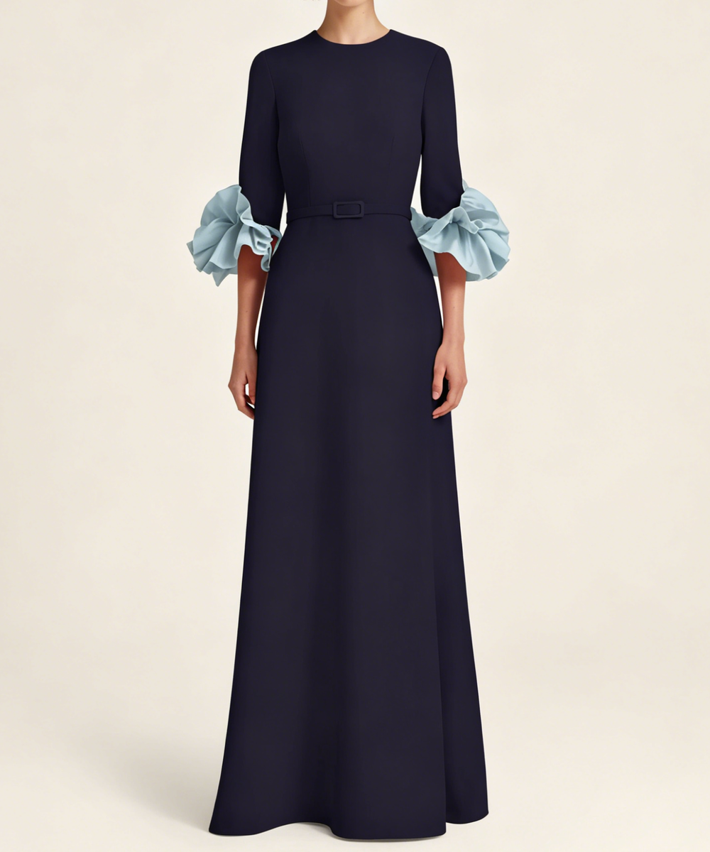 Navy Long Formal Dress With Sky Blue Contrast Cuffs