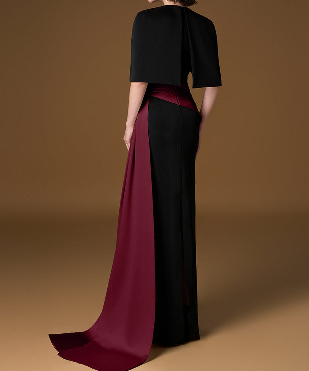 Black Cape Sleeve V-Neck Gown with Burgundy Sash Train