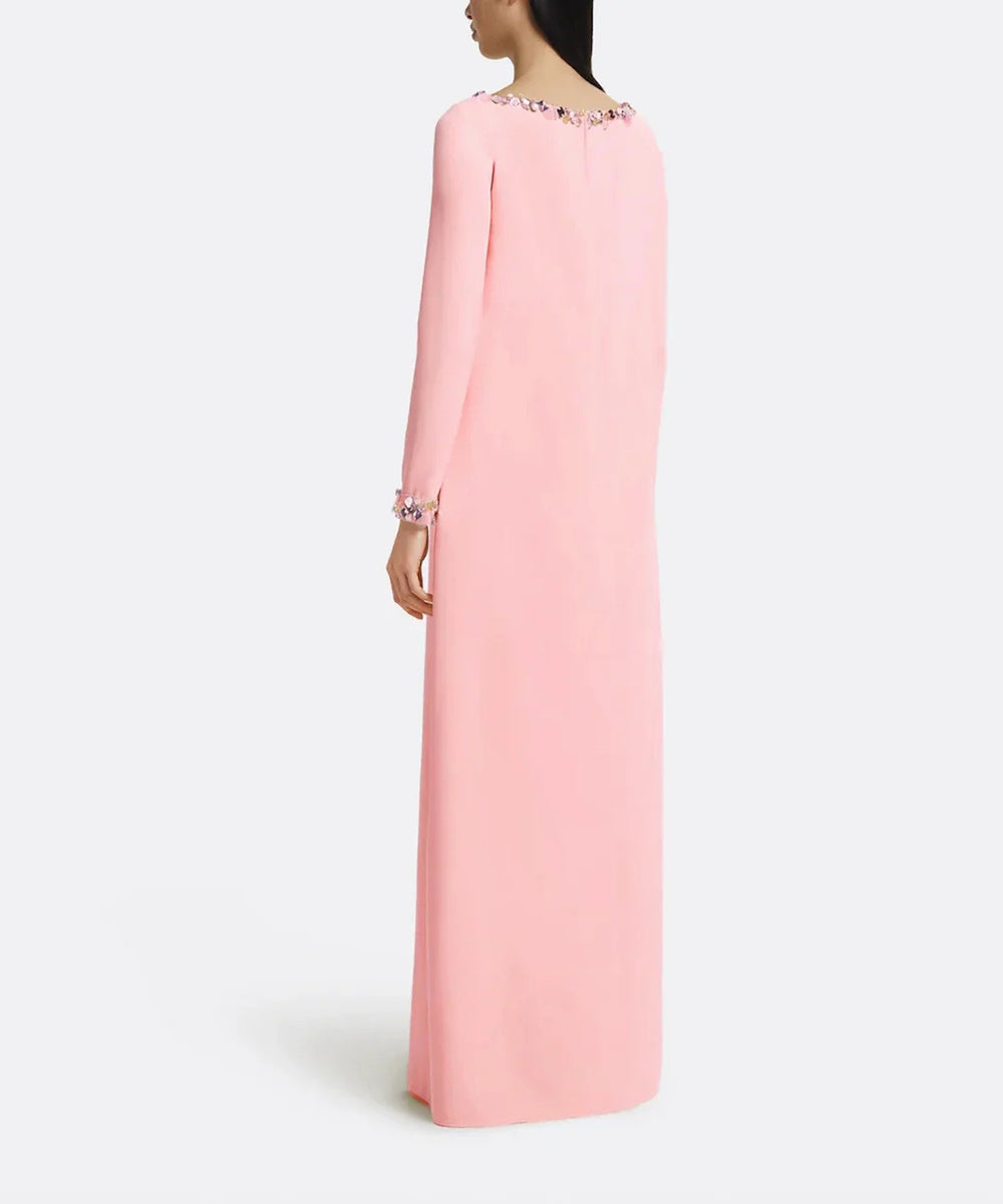 Blush Pink Multi-Colored Crystal Embellished Boat Neck Loose Straight Long Sleeve Maxi Gown
