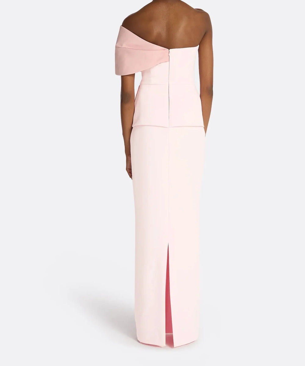 Light Pink One Shoulder Oversized Fold Panel Peplum Column Maxi Evening Gown