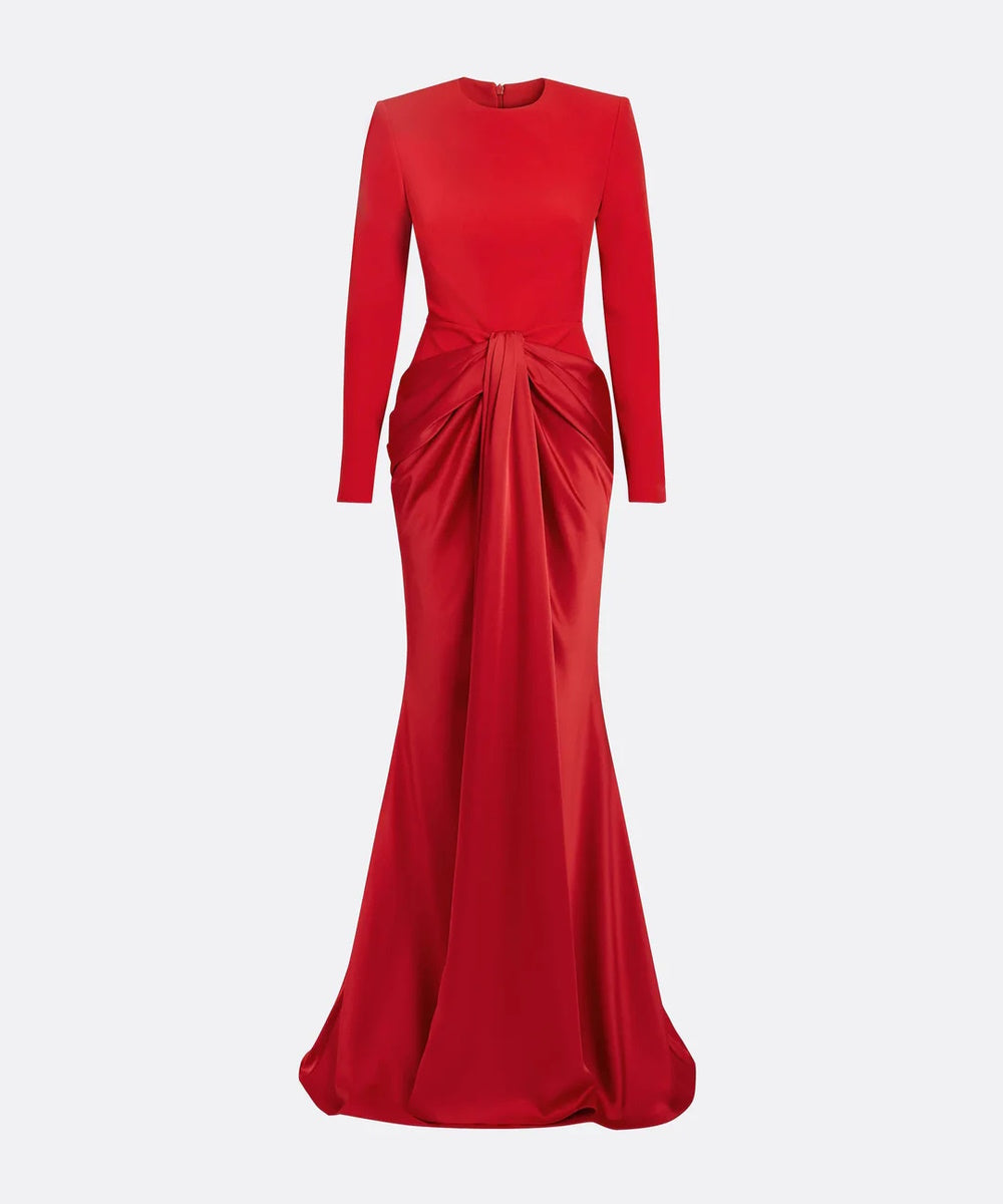 Bright Red Crew Neck Long Sleeve Waist Twist Draped Mermaid Train Evening Gown