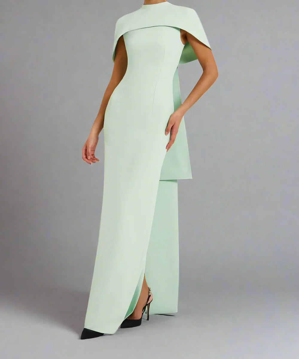 Mint Green Cape Collar Back Long Ribbon Slit Column Maxi Gown