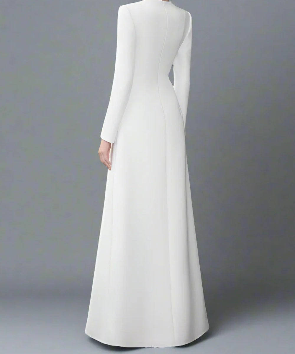 Ivory Crystal Beaded Heart Cutout Long Sleeve A-Line Maxi Formal Gown