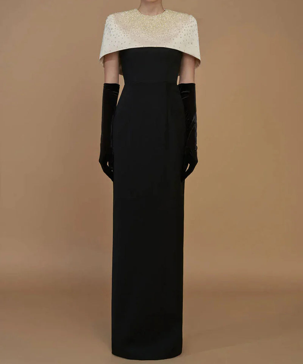 Black Column Gown with Ivory Crystal Beaded Cape Overlay