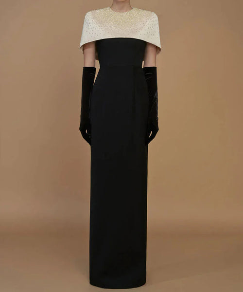 Black Column Gown with Ivory Crystal Beaded Cape Overlay