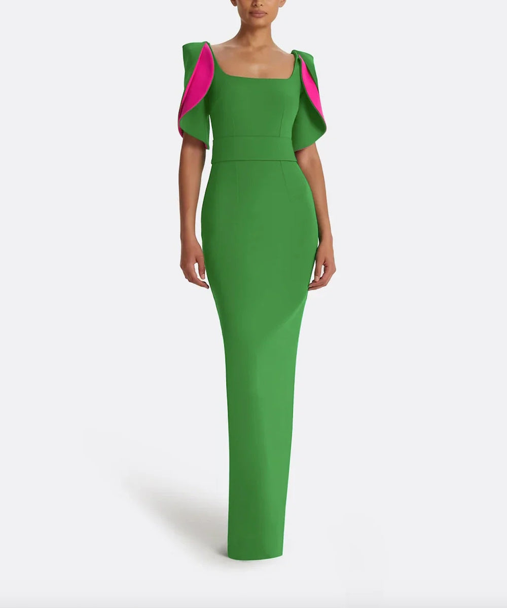 Square Neck Contrast Lining Cape Sleeve Wide Waistband Column Maxi Evening Gown