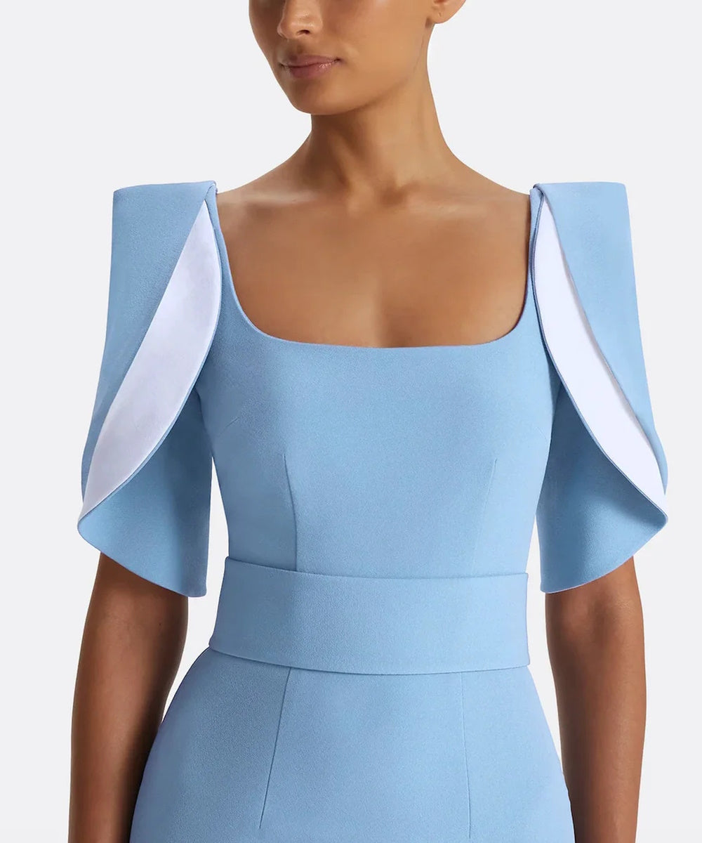 Sky Blue Square Neck Contrast Cape Sleeve Waistband Column Maxi Evening Gown