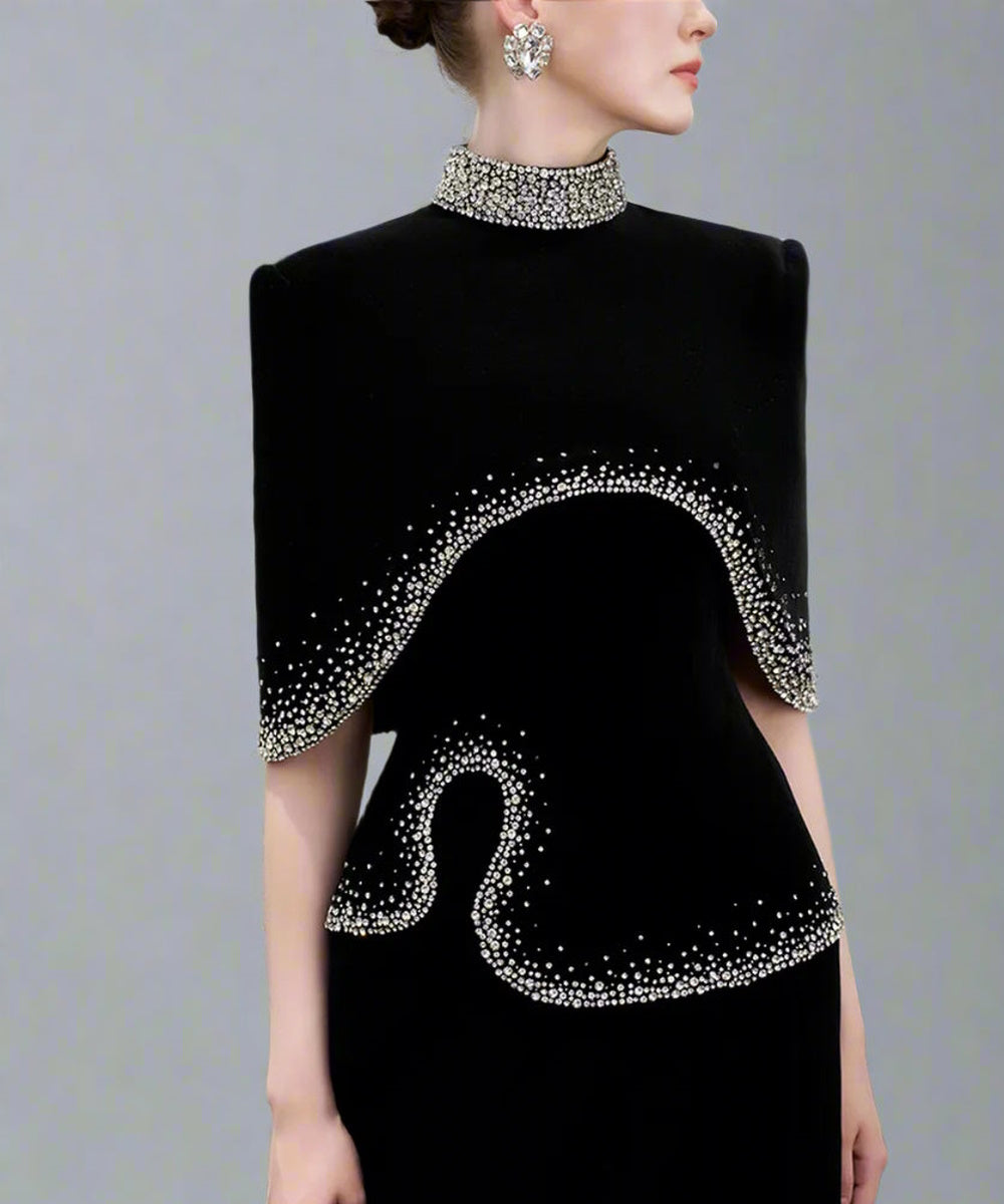Two Styles Black Velvet Gradient Rhinestone Column Evening Gown