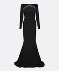 Straight Off Shoulder Long Sleeve Crystal Beaded Black Mermaid Train Evening Gown