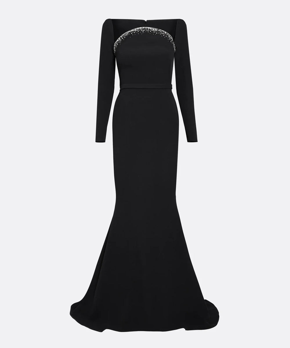 Straight Off Shoulder Long Sleeve Crystal Beaded Black Mermaid Train Evening Gown