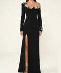 Black Asymmetric Off Shoulder Long Sleeve Floral Rhinestone Mermaid Slit Maxi Gown