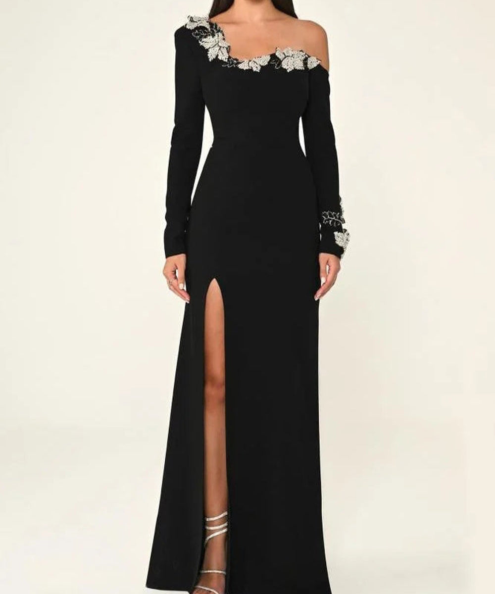 Black Asymmetric Off Shoulder Long Sleeve Floral Rhinestone Mermaid Slit Maxi Gown