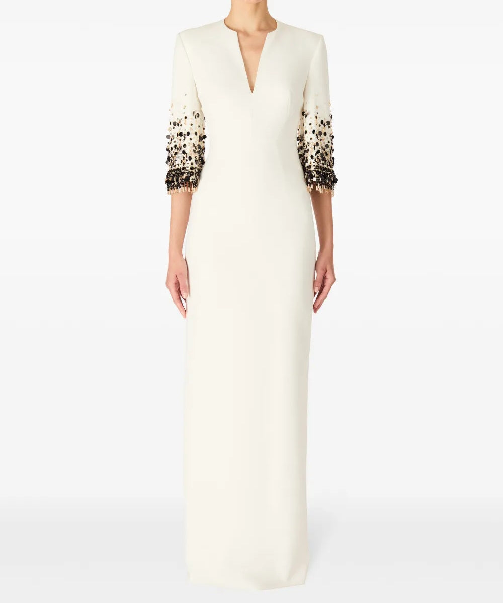 Cream Notched V Neck Gradient Beaded Tassel Cuff Three Quarter Sleeve Column Maxi Gown
