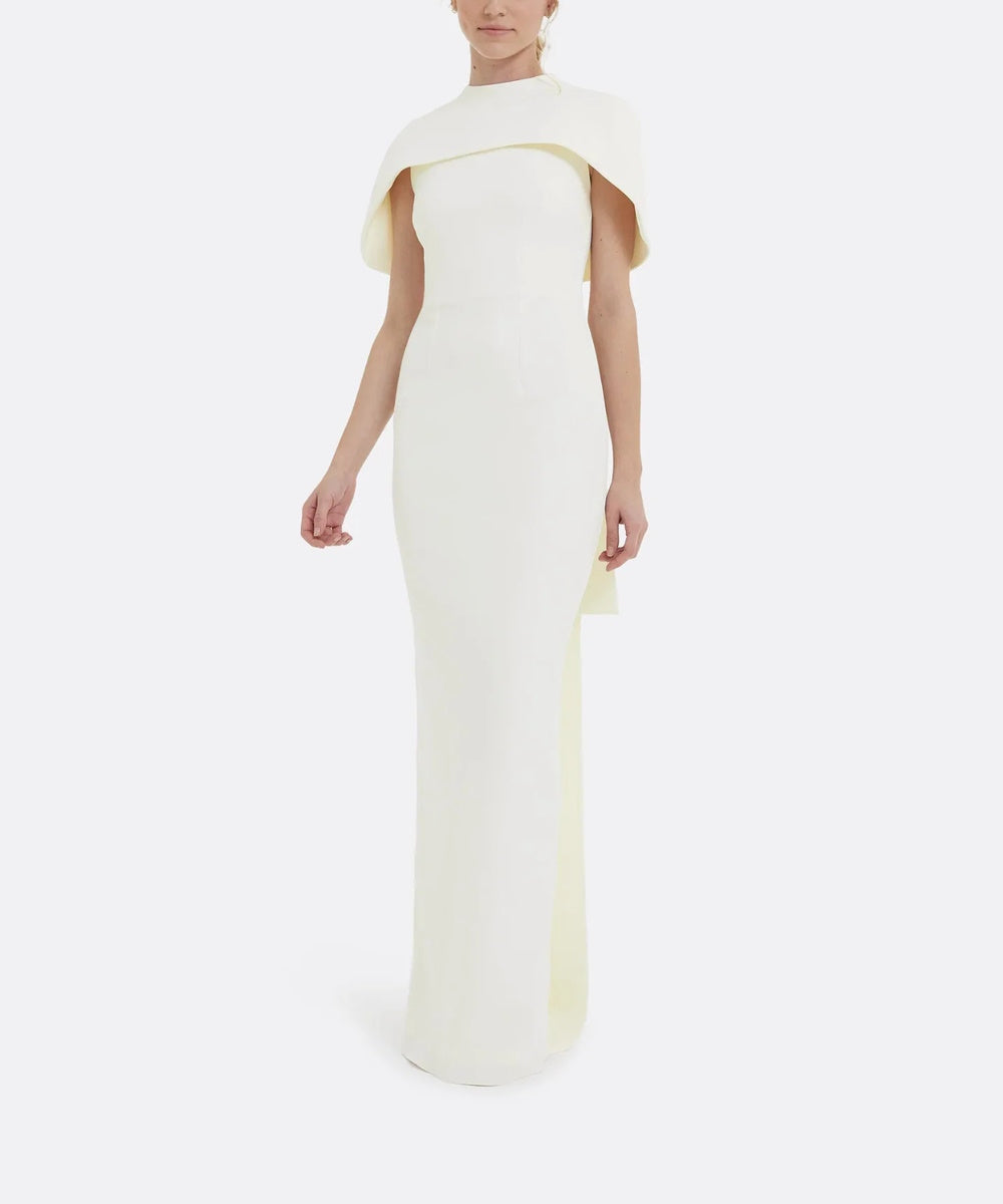 Cream Cape Overlay High Neck Column Maxi Gown With Long Back Sash