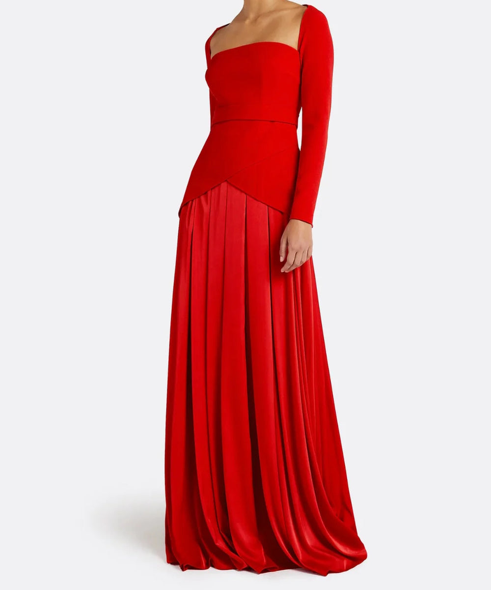 Red Square Neck Long Sleeve Two-Tier Crepe & Satin Pleated Maxi Evening Gown