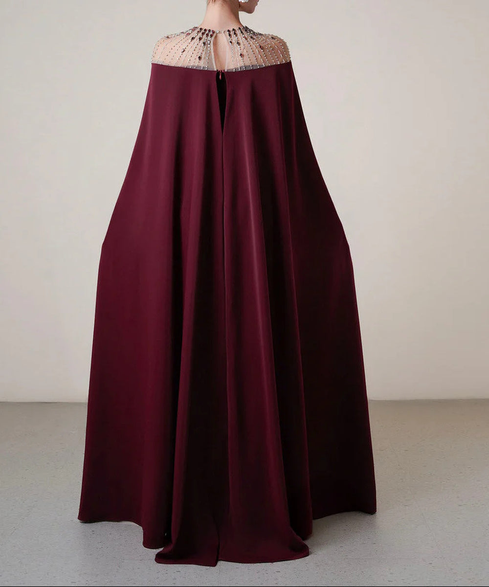 Mesh Beaded Illusion Neck Floor Length Crepe Formal Maxi Dress