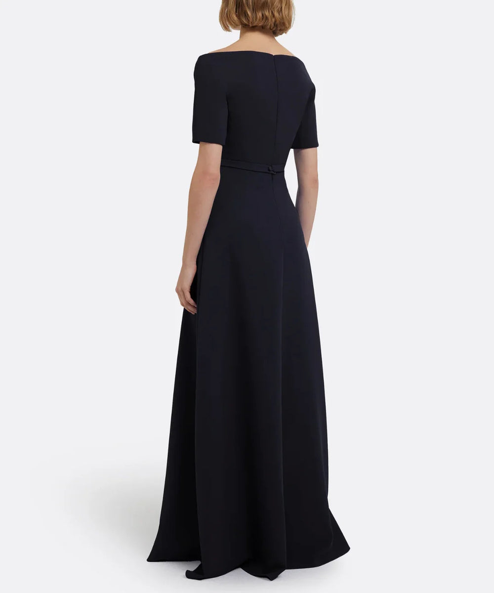 Black Off The Shoulder Folded V-Neck Short Sleeve A-Line Maxi Evening Gown With Waist Belt