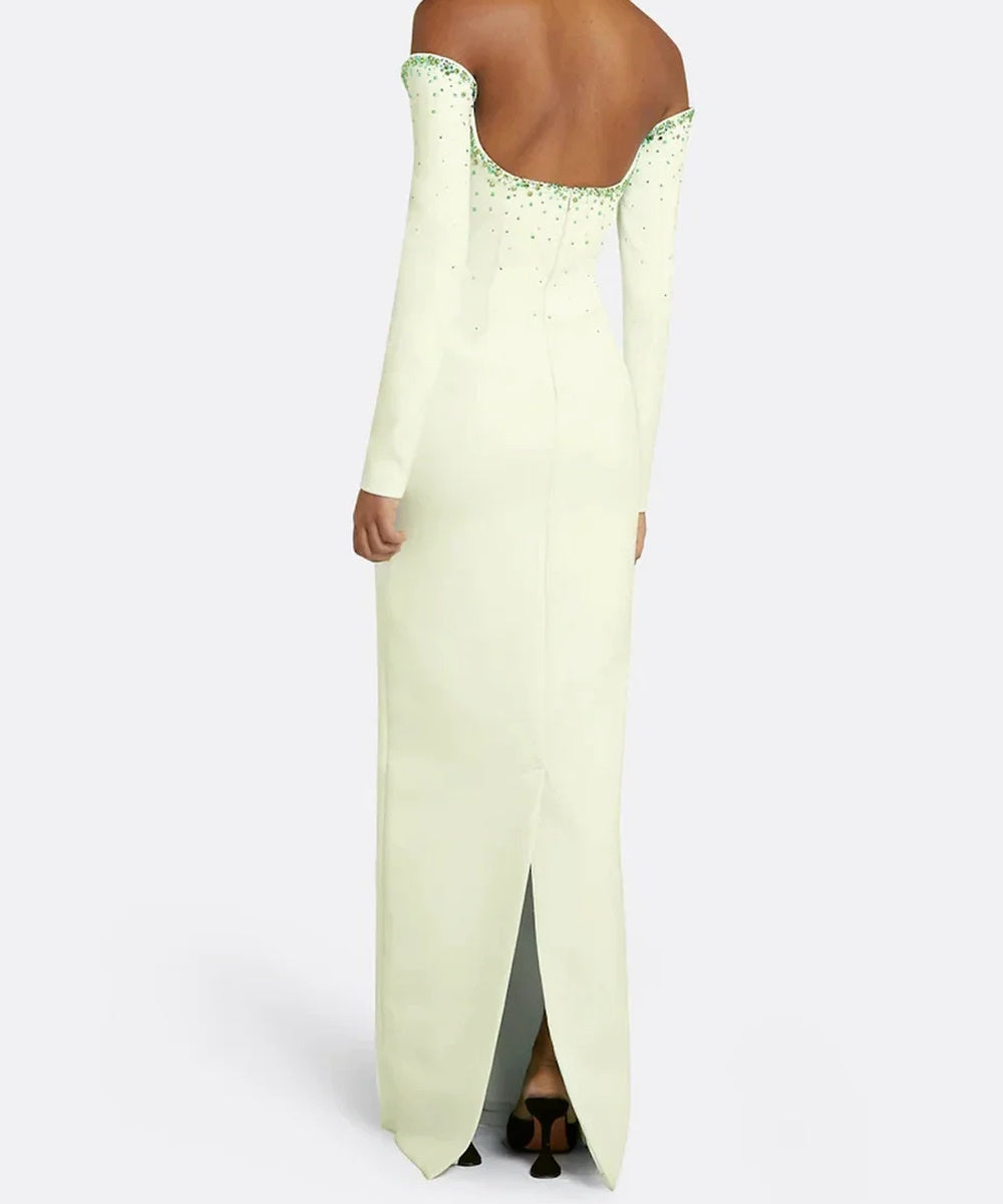 Pale Lime Off Shoulder Notch V Long Sleeve Green Crystal Column Maxi Gown